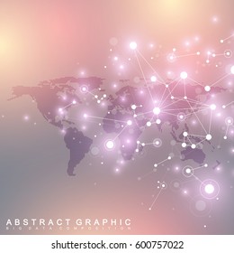 Dotted World Map with global technology networking concept. Digital data visualization. Scientific cybernetic particle compounds. Big Data background communication. Vector illustration