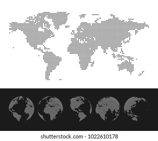 Dotted World Map and Globe set. Vector illustration