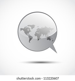 Dotted world map in the gray glossy glass speech bubble