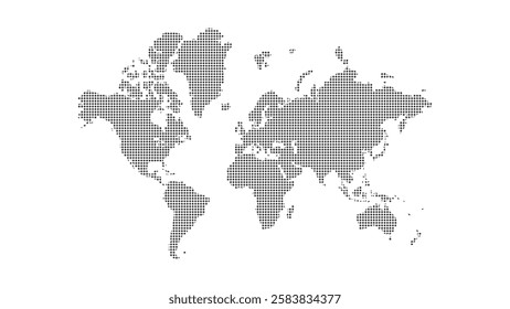 Dotted world map in grey color. Minimalist Circle shape pattern in earth silhouette on white background. Simple design of all continents for geography travel business educational materials