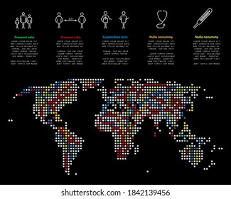 Dotted world map with health information and statistics