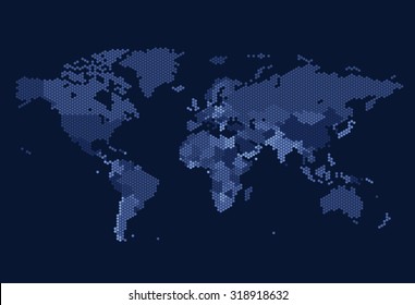 Dotted World map of hexagonal dots on dark background. Vector illustration.