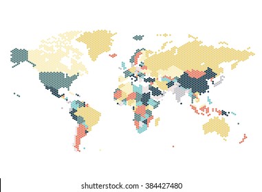 Dotted World map of hexagonal dots on transparent background. Vector illustration.