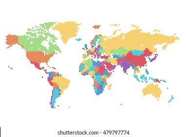 Dotted World map of hexagonal dots on white background. Vector illustration.