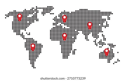 Mapa de mundo pontilhado com pinos de localização para infográficos de planejamento de rota de viagem e aprendizagem de navegação.