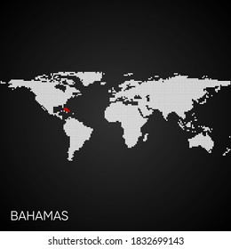 Dotted world map with marked bahamas