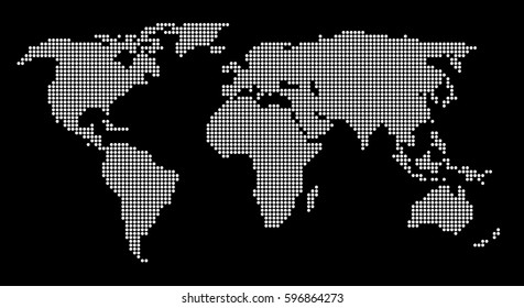 Dotted world map on black background. Vector.