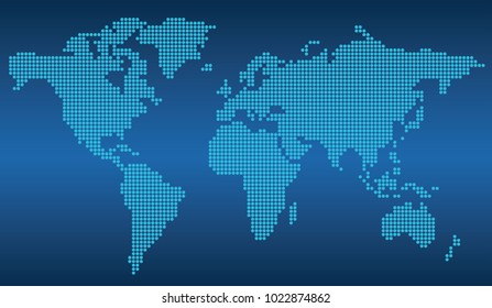 Dotted world map on a blue background, vector illustration. 
