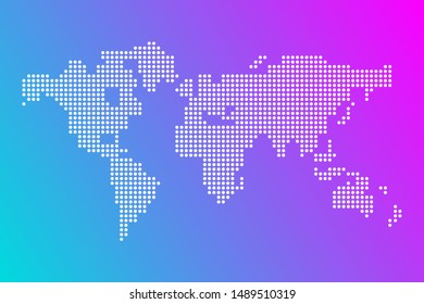 dotted world map on blue and pink gradient background