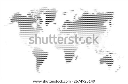 Dotted world map on a white background. World map stylized with halftone black dots. Earth map template with continents, North and South America, Europe and Asia, Africa, and Australia. Vector