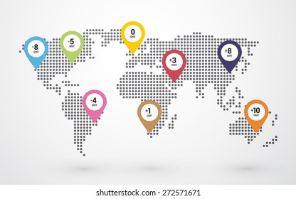 dotted world map with pin marking time zones