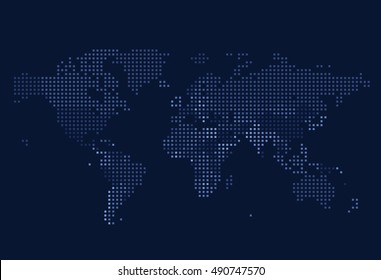 Dotted World map of square dots on dark background. Vector illustration.