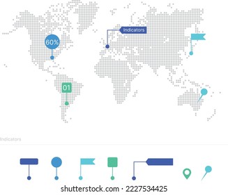 Dotted world map, map template with indicators, map infographics.	
