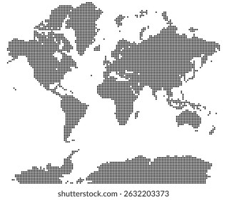 Dotted world map. This abstract dotted world map displays each landmass and region through minimalistic design. The dotted world map balances style, detail, and modern presentation.
