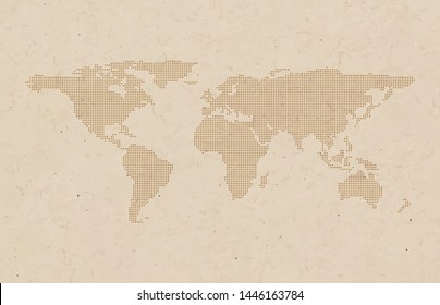 Dotted world map vector background. Grunge brown paper texture style