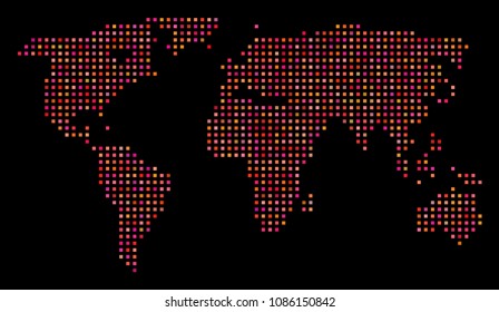 Dotted world map. Vector geographical scheme in red color variations on a black background. Abstract pattern of world map formed from regular square pixels.