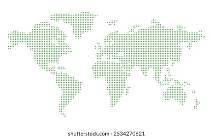 pontilhado World map vetor, fundo isolado. Plana Terra, modelo de mapa verde para o padrão do site, relatório anual, infográfico. Ícone do mapa de mundo semelhante ao do globo. Viajar pelo mundo, mapa silhueta fundo