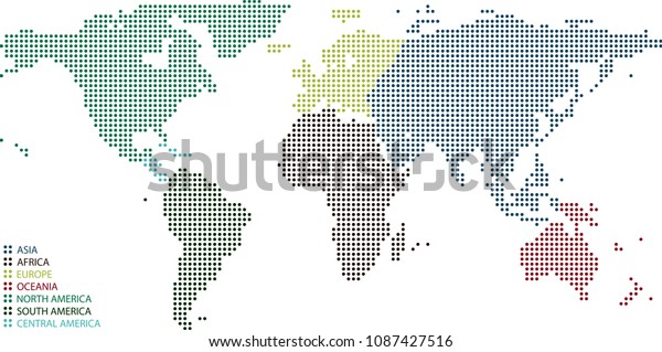 Dotted World map\
vector outline with map legend, World map dots with highly detailed\
border, Point patterns of seven continents of World map in colored\
illustration background