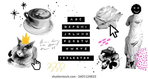 Dotted y2k collage. Coffee cup, cat crown, Venus statue, embossed alphabet typography. Journaling stickers set, modern trendy art poster.