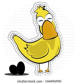 dotted yellow duck smiling, with two black eggs on white background.