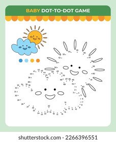 Juego de punto a punto para niños, clima nublado de sol, juego infantil de primavera