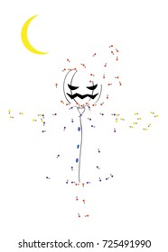 Dot-to-dot game Scarecrow pumpkin under crescent moon light. Vector Printable worksheet 