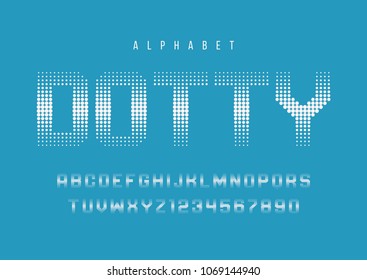Dotty halftone display font design, alphabet, typeface, letters and numbers, typography. Swatch color control.