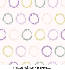 Dotty shibori tie dye sunburst circle stripe background. Seamless pattern on bleached resist white textile. Pastel dyed ink ring batik all over print. Trendy retro gender neutral kid fashion swatch.