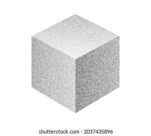Illustration cube 3D, arrière-plan vectoriel coffret. Boîtier de points d'étirement du bruit noir. Cube de réseau de bruit abstrait. Points noirs éléments grunge rond. Des cercles étouffés. Boîte vectorielle pointue.