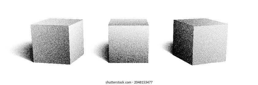 Dotwork 3D Cube vector background. Sand grain effect box. Black noise stipple dots. Abstract noise dotwork cube. Black dots grunge round elements. Stipple perspective box. Dotted vector cube.