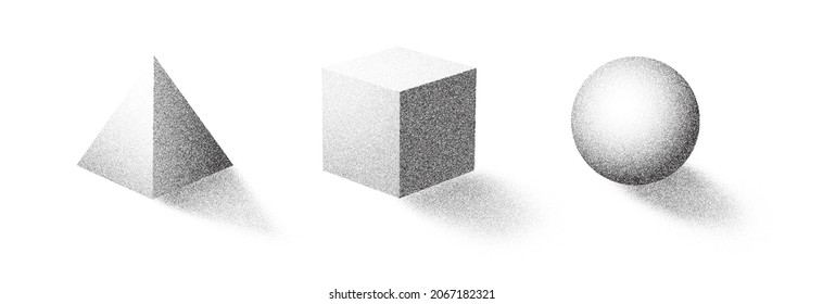 Dotwork 3D Shapes pyramid cube sphere vector. Sand grain effect. Black noise stipple dots. Abstract noise dots geometric figure. Stipple shadows. Dotted vector perspective objects.