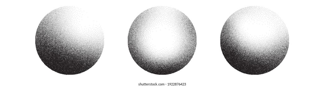 Fondo vectorial de las esferas 3D de Dotwork. Efecto grano de arena. Los puntos de peinado de ruido negro. Bolas de arte con ruido abstracto. Los puntos negros grungen los elementos redondos. Los círculos más rígidos. Esferas vectoriales punteadas.