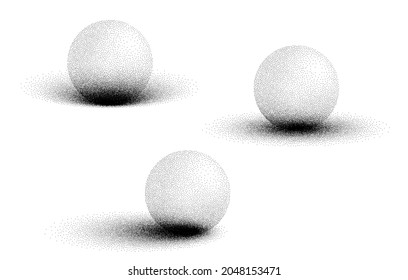 Dotwork 3D Spheres vector background. Sand grain effect. Black noise stipple dots. Abstract noise dotwork balls. Black dots grunge round elements. Stipple circles. Dotted vector spheres.