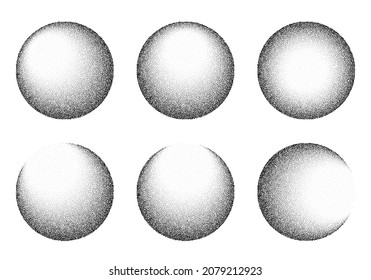 Dotwork 3D Spheres vector background. Sand grain effect. Black noise stipple dots. Abstract noise dotwork balls. Round black grain dots elements. Stipple circles. Dotted vector spheres.
