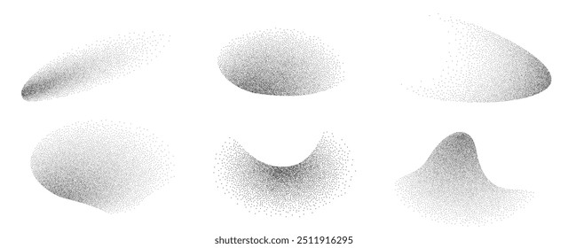 Dotwork abstract dust noise fluid grain gradient elements. Abstract shape effects Pointillism gradient pattern in dotwork style. Dotwork stipple effect. Dotted set of shapes, stipple elements. Vector