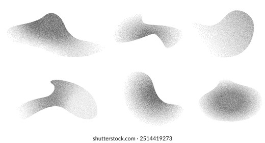 Dotwork abstract dust noise fluid grain gradient elements. Abstract shape effects Pointillism gradient pattern in dotwork style. Dotwork stipple effect. Dotted set of shapes, stipple elements. Vector