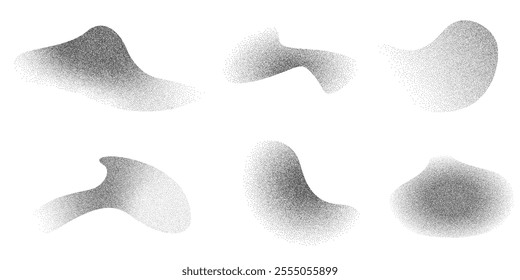 Dotwork abstract dust noise fluid grain gradient elements. Abstract shape effects Pointillism gradient pattern in dotwork style. Dotwork stipple effect. Dotted set of shapes, stipple elements. Vector
