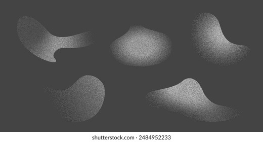 Dotwork abstract noise fluid grain gradient elements. Pointillism gradient pattern in dotwork style. Dotwork stipple halftone effect. Dotted set of shapes, stipple elements. Vector background