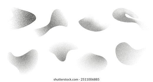 Dotwork abstract noise fluid grain gradient elements. Pointillism gradient pattern in dotwork style. Dotwork stipple halftone effect. Dotted set of shapes, stipple elements. Vector background