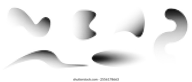 Dotwork abstract noise fluid grain gradient elements. Pointillism gradient pattern in dotwork style. Dotwork stipple halftone effect. Dotted set of shapes, stipple elements. Vector background