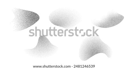 Dotwork abstract noise fluid grain gradient elements. Pointillism gradient pattern in dotwork style. Dotwork stipple halftone effect. Dotted set of shapes, stipple elements. Vector background