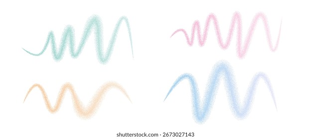Conjunto de Formas de líneas de colores pastel abstractos de Dotwork. Squiggles aleatorio de color rosa y azul grano de arena texturizado. Efecto punteado Abstractas. El gradiente caprichoso subraya los puntos coloridos. Ilustración de ruido de Vector.