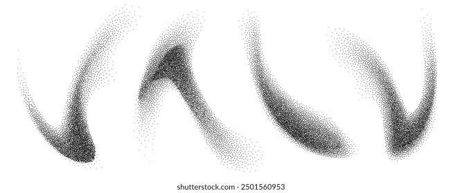 Formas abstractas Dotwork, textura de grano negro, efecto de arena punteada Abstractas, gradiente de puntos. Ilustración vectorial.