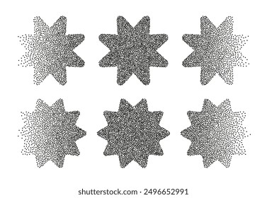 Formas abstractas Dotwork, estrellas en textura de grano negro, efecto de arena Stipple, figuras de gradiente de puntos. Ilustración vectorial.