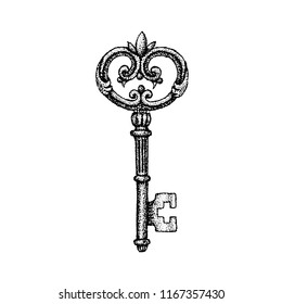 Dotwork Ancient Key. Vector Illustration Of T-shirt Design. Tattoo Hand Drawn Sketch.