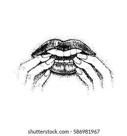 Dotwork Bite Nails. Vector Illustration of Mouth Lips and Fingers. Hand Drawn Sketch.