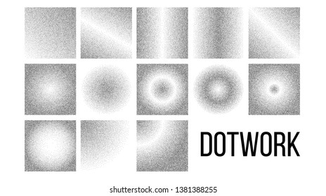 Dotwork, Black And White Gradient Vector Backdrop Set. Dotwork Art Texture Pack. Monochrome Decorative Pattern Collection. Grey Background With Diffusion Effect. Dotted Style Halftone Illustrations