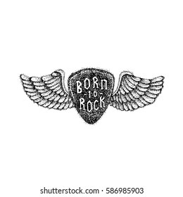 Dotwork Born to Rock. Vector Illustration of Music T-shirt Design. Tattoo Hand Drawn Sketch. Guitar Mediator and Angel Wings.