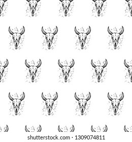 Dotwork Burnt Cow Skull Seamless Pattern. Vector Illustration of Tattoo Hand Drawn Sketch.