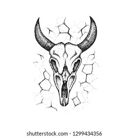 Dotwork Burnt Cow Skull. Vector Illustration of T-shirt Design. Tattoo Hand Drawn Sketch.